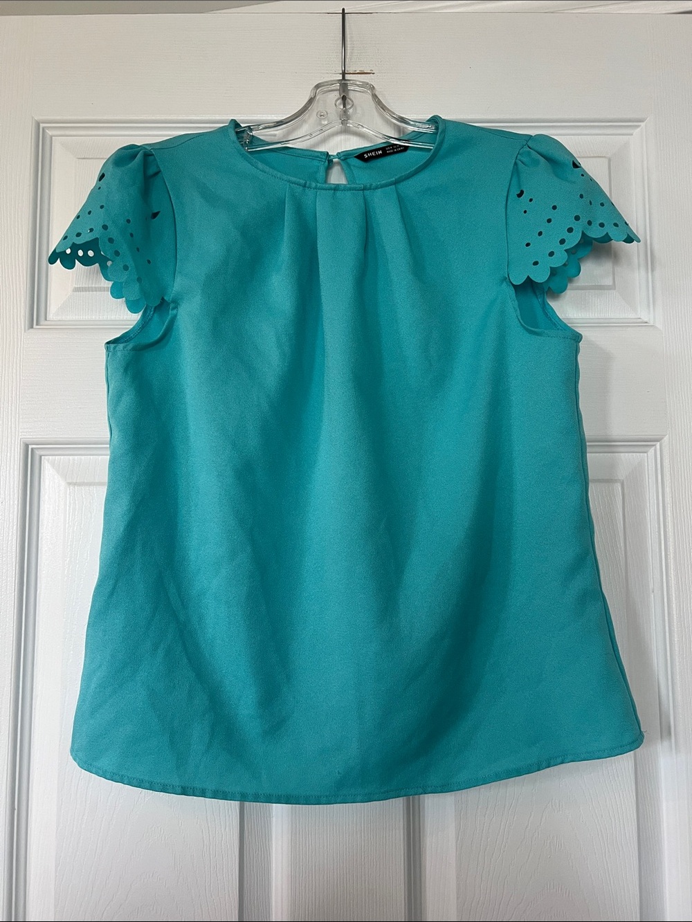 SHEIN Teal Scalloped Eyelet Sleeve Blouse